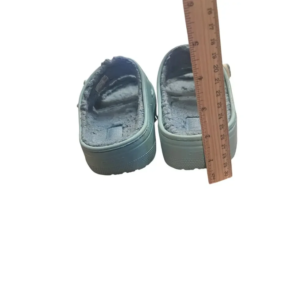 Crocs Woman's 8 Fuzzy Teal Classic Cozzzy Dual Strap Lined Platform Sandals